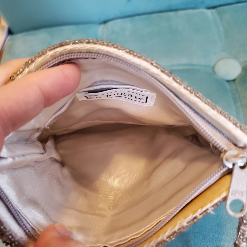 Vtg - La Regale - Silver White - Satin - Beaded Fringe Purse